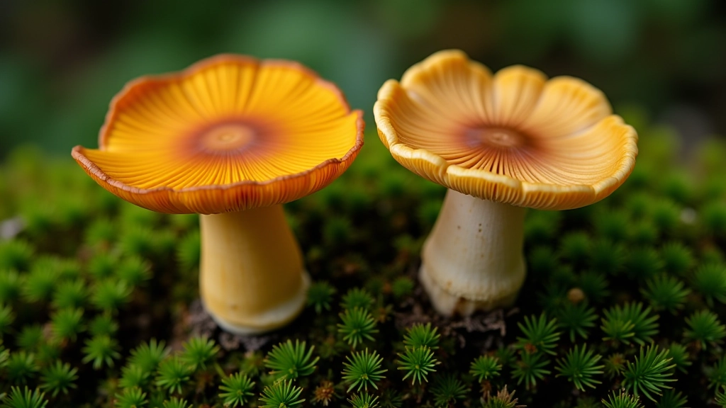 Side-by-side comparison of real chanterelle mushroom showing false gills and funnel shape versus false chanterelle with true blade gills and flat cap