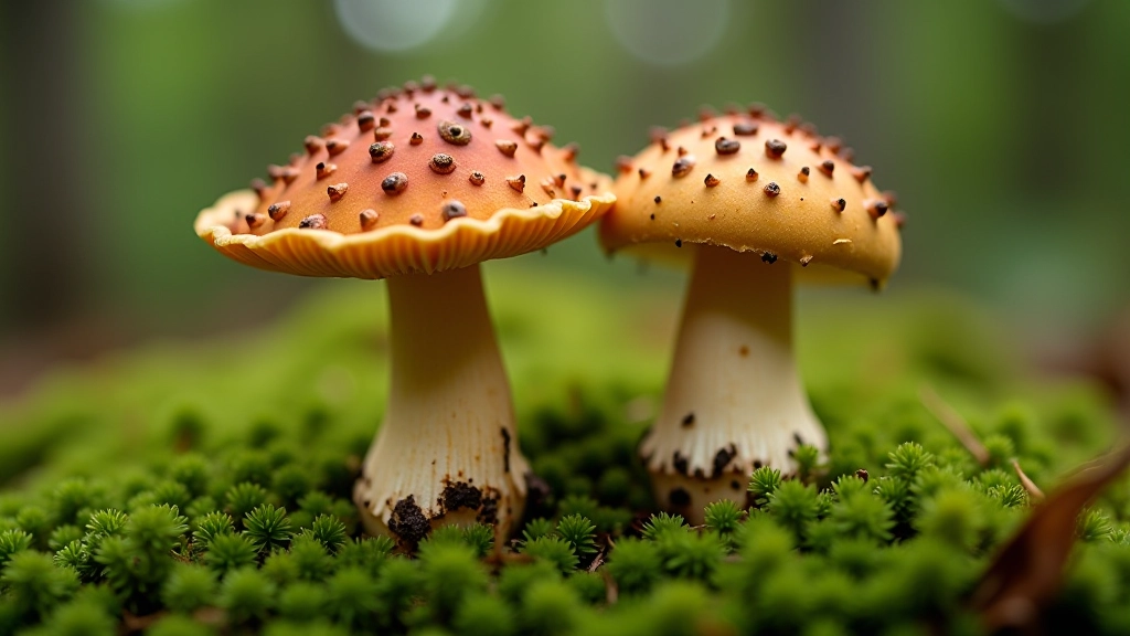 Comparison of toxic false porcini mushroom next to edible porcini showing differences in pores and stem color