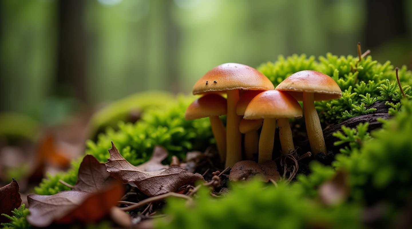Dense forest floor covered with moss, fallen leaves, and various mushroom species growing near tree roots in natural woodland setting