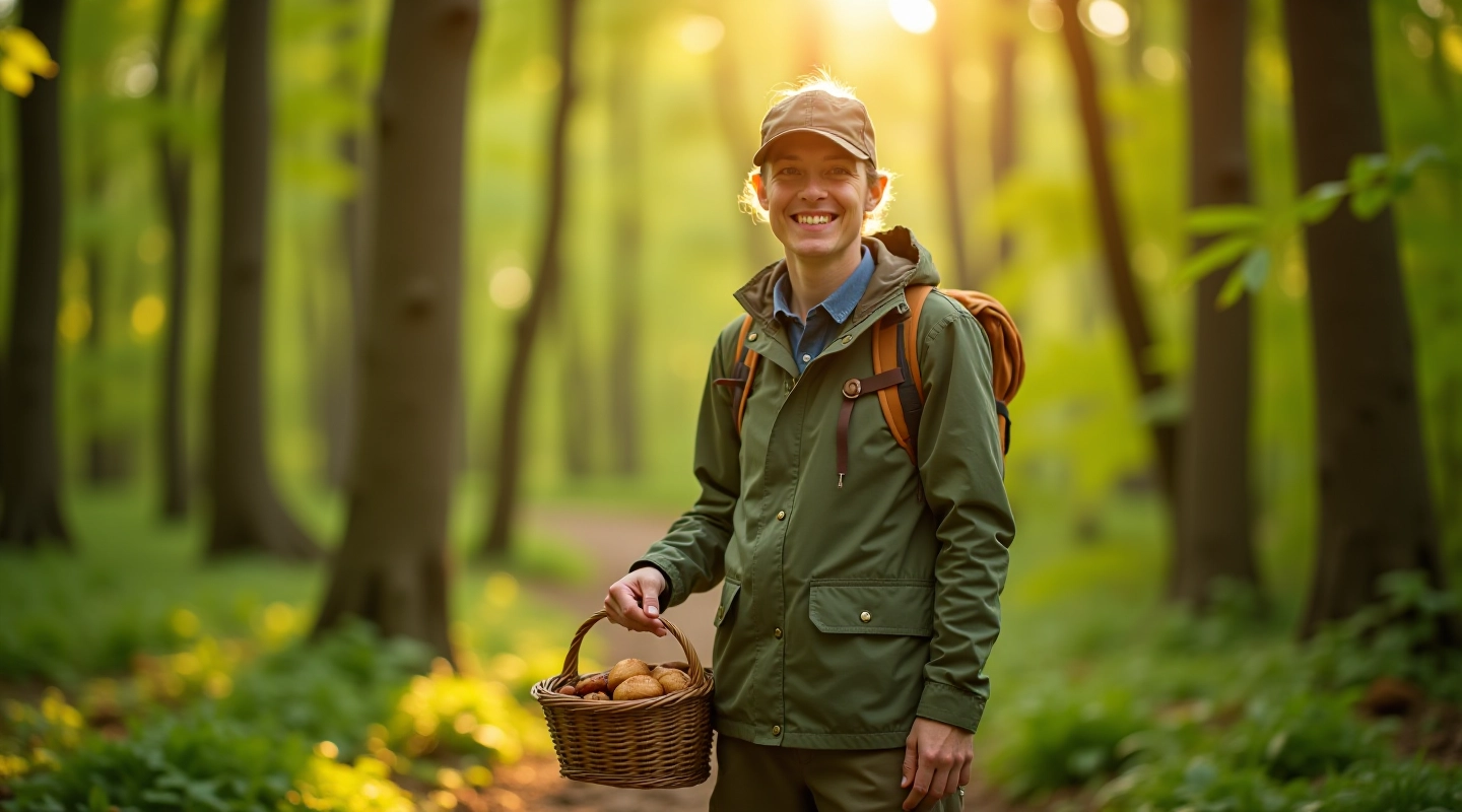 Experienced mushroom foraging guide in baltivent forest with identification basket