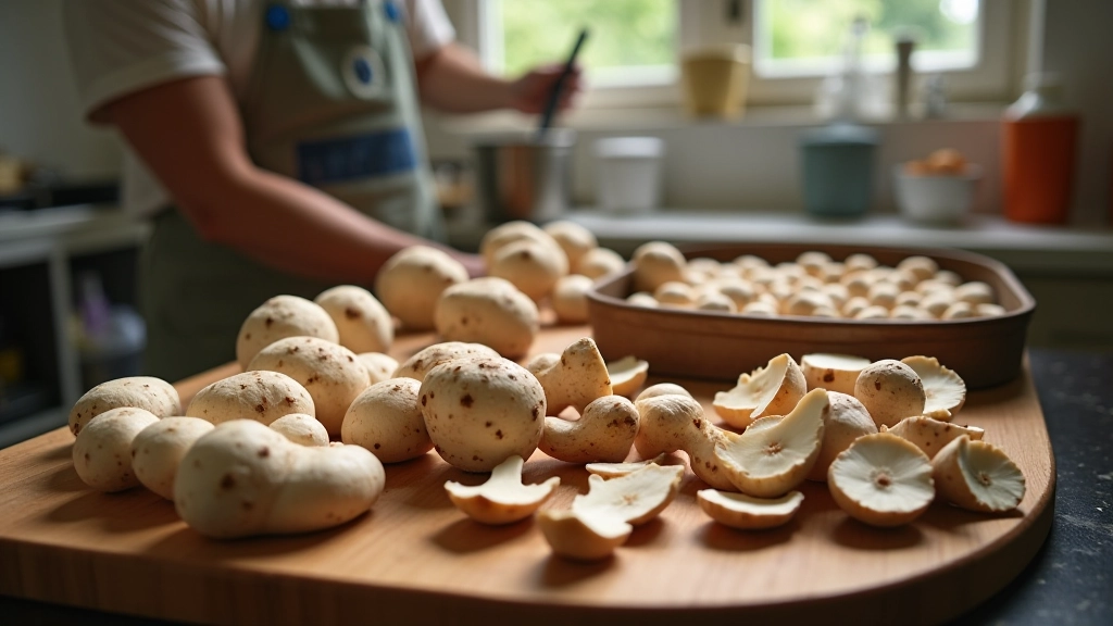 Freshly cleaned mushrooms arranged on wooden cutting board with drying trays and storage containers in kitchen setting