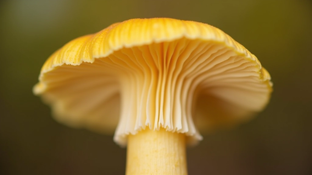 Close-up macro photography of underside of real chanterelle mushroom showing thick false gills running down the stem with visible forking pattern