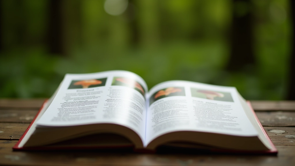 Field guide book open showing toxic mushroom species with warning symbols, displayed on wooden table with forest background