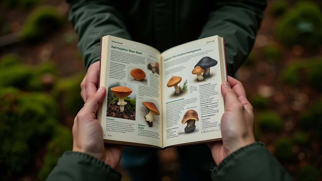 Hands holding multiple identified edible mushroom species with labels and field guide open on moss in forest setting