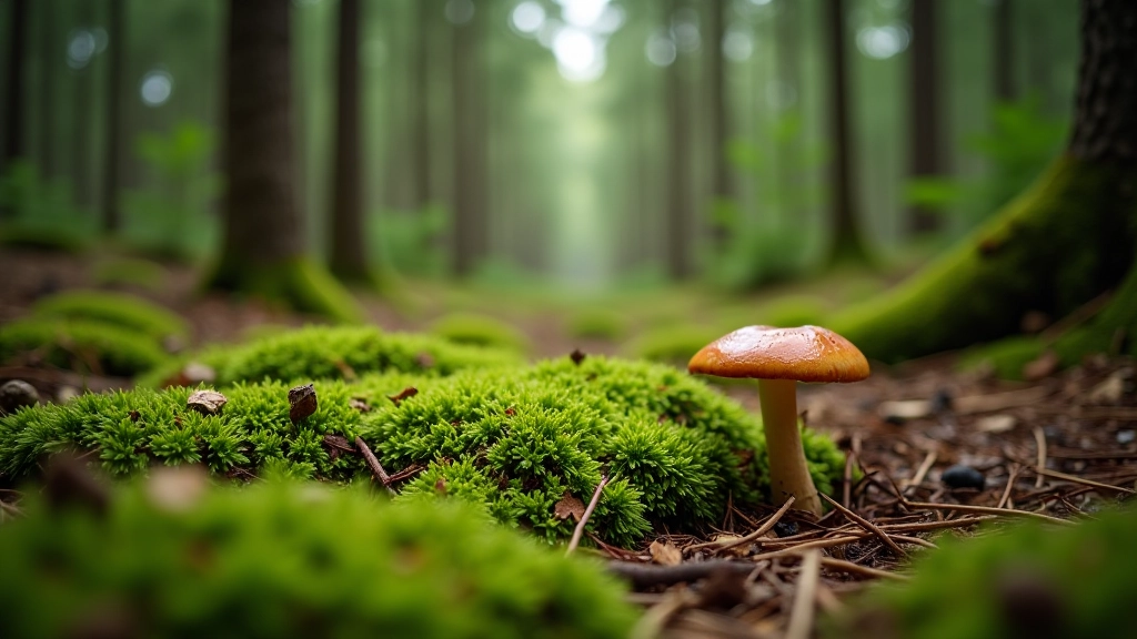 Pine forest floor in baltivent covered with moss, fallen needles, and forest debris where porcini mushrooms grow