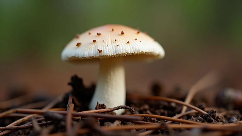 White porcini mushroom with thick stem and pale cap photographed against dark forest soil and pine needles, showing characteristic features