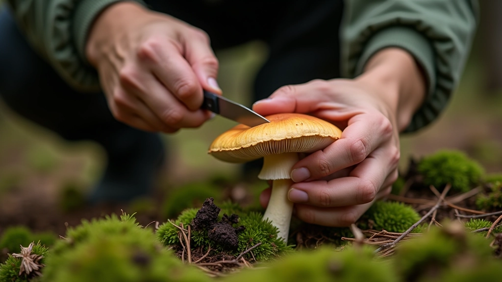 Proper mushroom harvesting technique showing hand using knife to cut mushroom at base while preserving mycelium underground