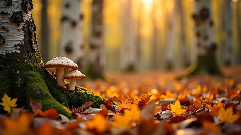 Seasonal forest landscape showing autumn birch and pine forest with carpet of colorful leaves and mushrooms growing near tree bases, warm golden light
