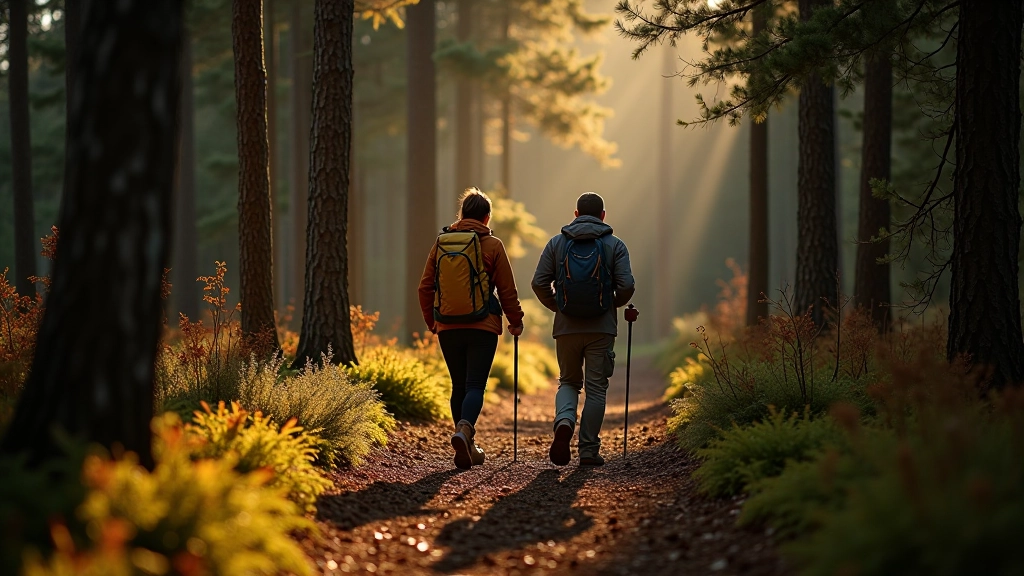 Group of hikers walking through mixed forest with tall pine and birch trees, filtered sunlight through canopy, autumn season with colorful undergrowth