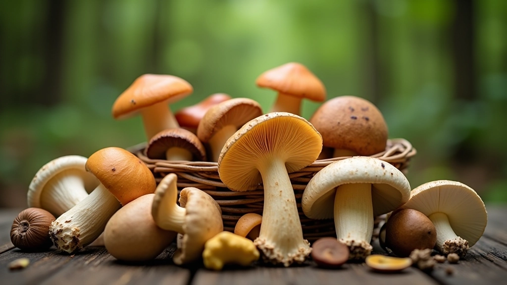 Close-up of various edible mushrooms displayed on a wooden table, basket of mixed varieties, forest setting in background, natural daylight